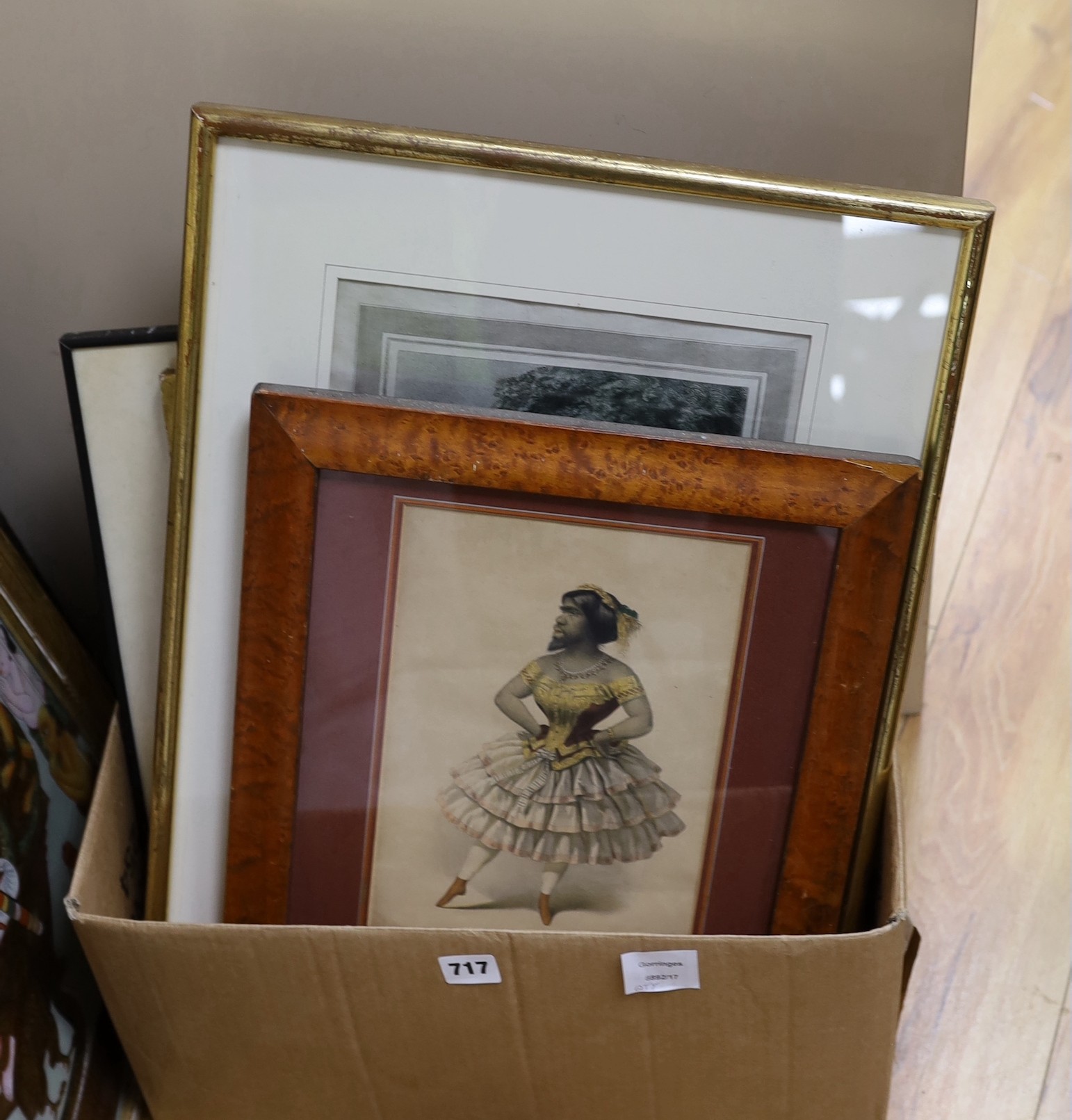 A group of assorted paintings and prints including a lithograph of a bearded lady, 'Miss Julia Pastrana'